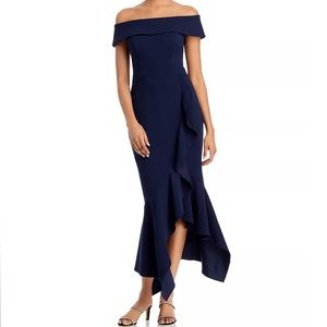 Aqua Crepe Off the Shoulder Gown